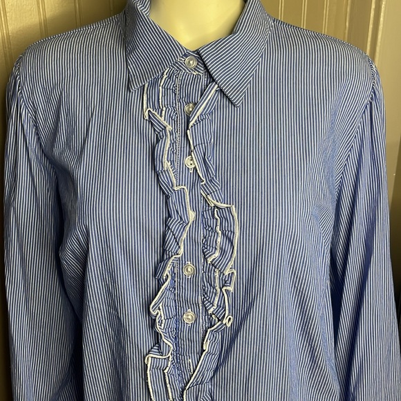 Lane Bryant Blue & White Pinstripe Ruffle Plus Size Blouse Size 14/16 - Picture 3 of 4